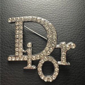 Dior Logo Rhinestone Brooch Pin Silver Tone Metal
